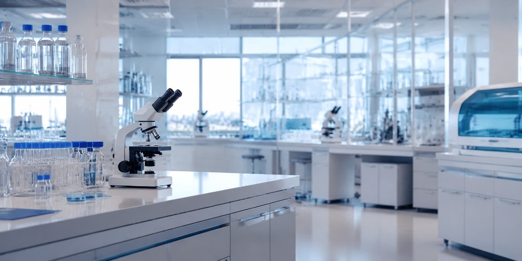 Mikroskop auf einer Laborarbeitsfläche in einem modernen hellen Labor