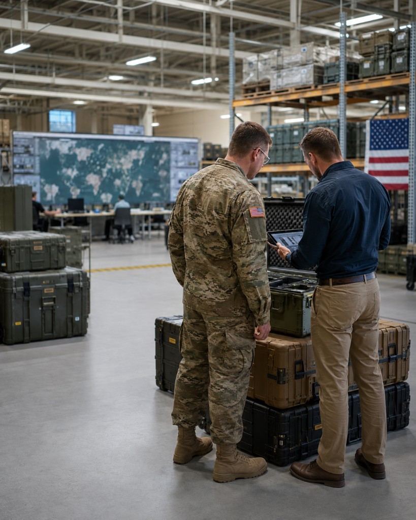 Geschäftsmann und US-Soldat schütteln sich die Hände in einem Besprechungsraum